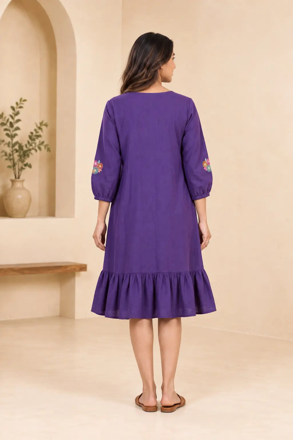 Deep purple floral linen ruffle dress