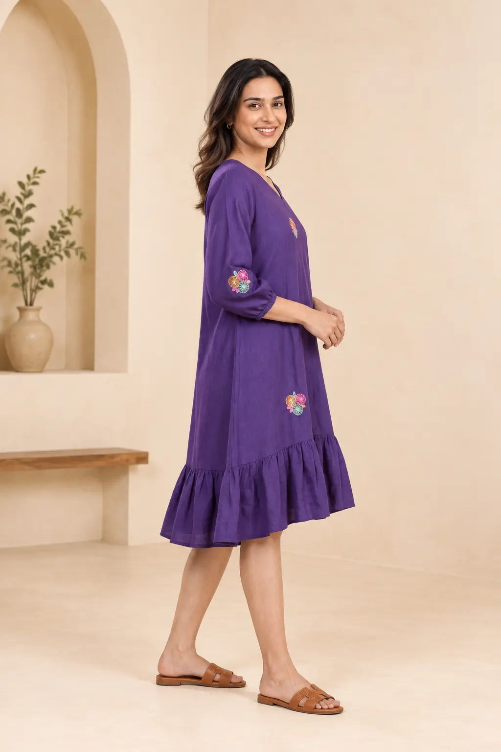 Deep purple floral linen ruffle dress