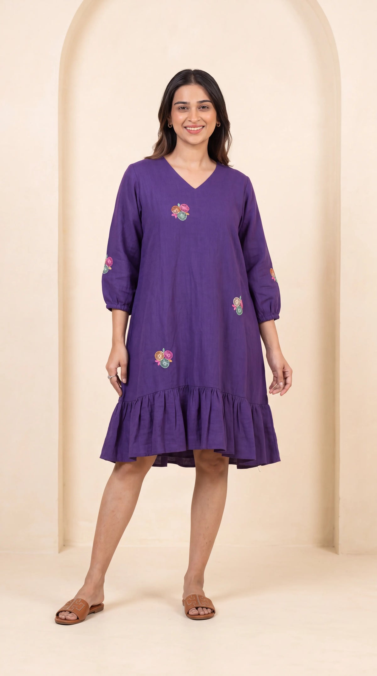 Deep purple floral linen ruffle dress