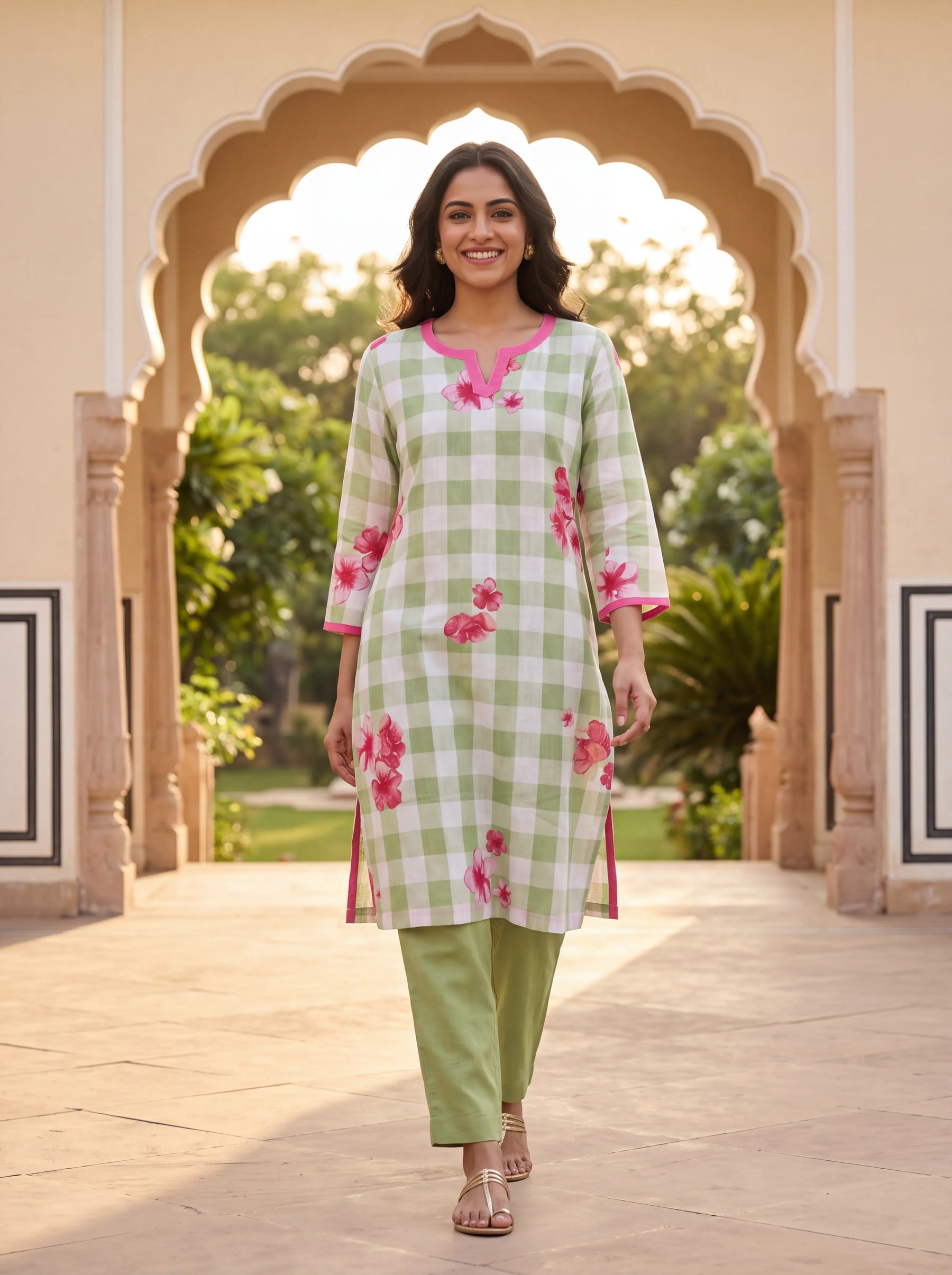 Green Linen Floral Coord
