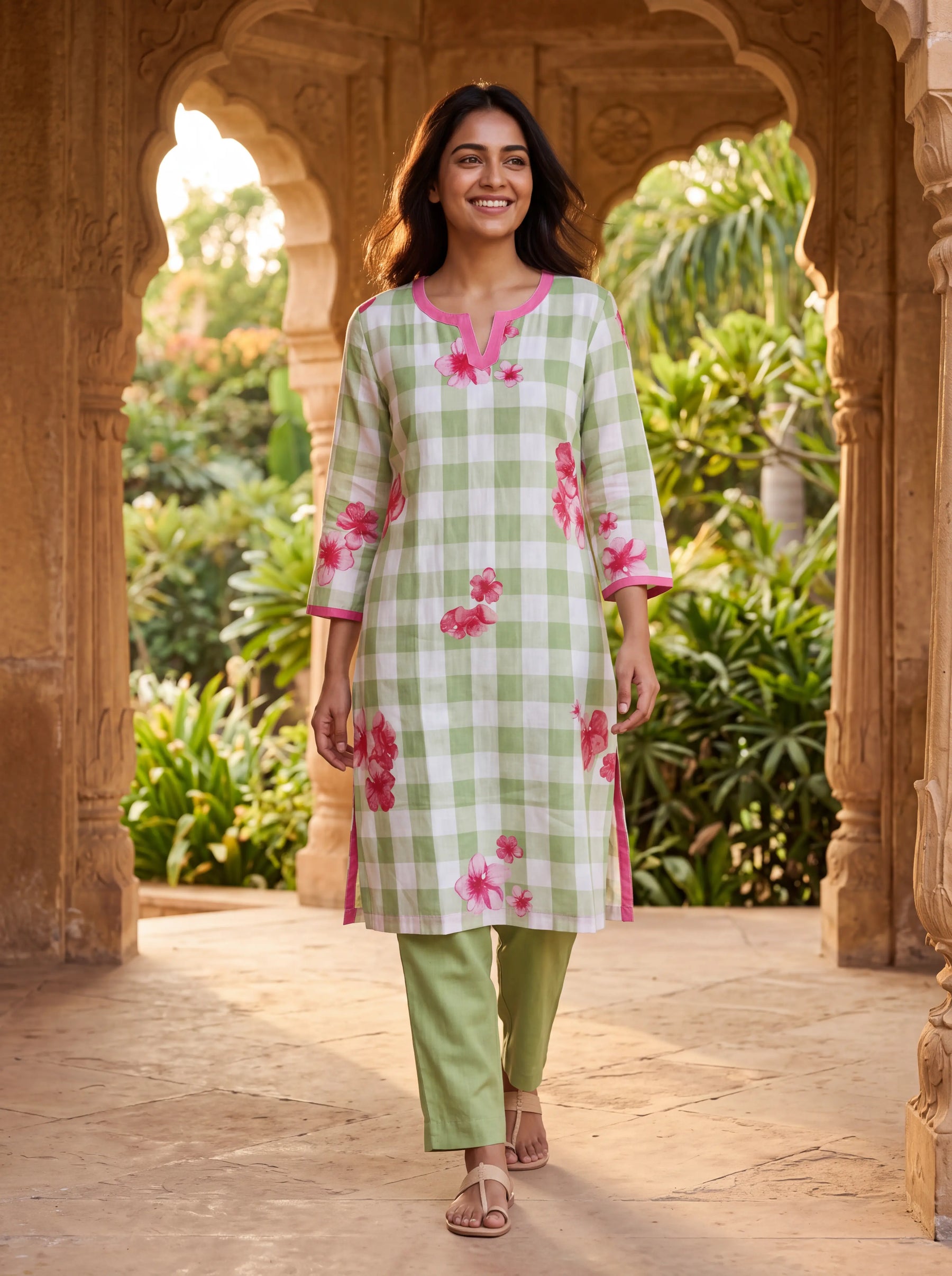 Green Linen Floral Coord