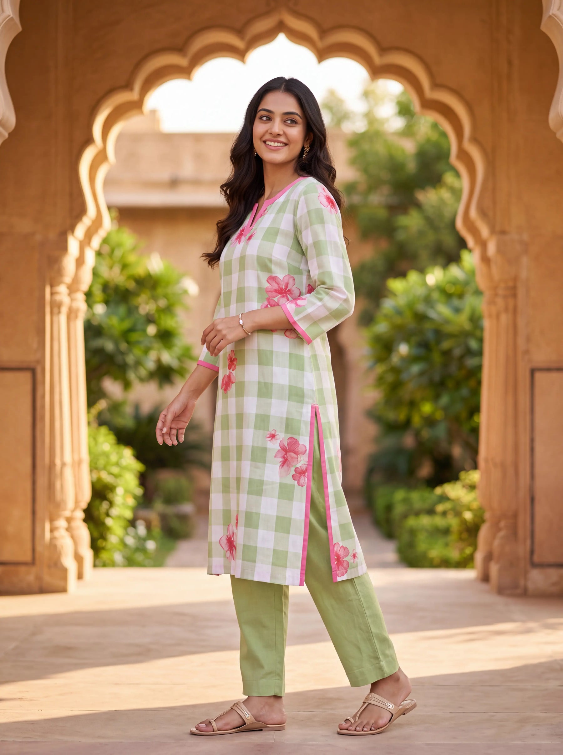Green Linen Floral Coord