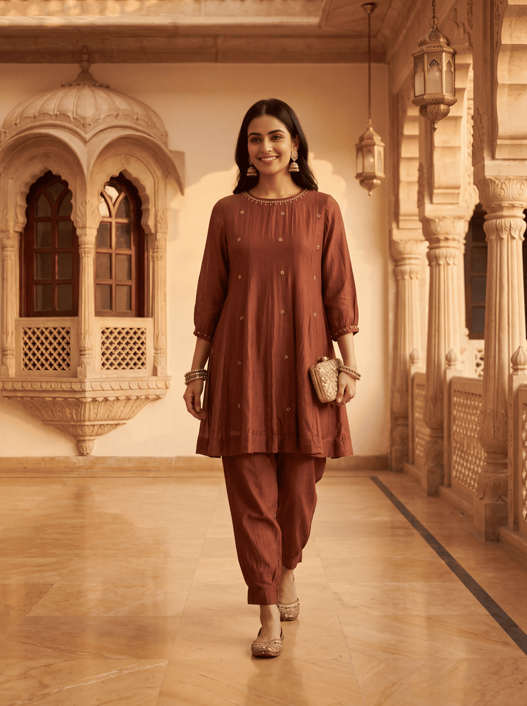 Brown Silk Embellished Coord Set