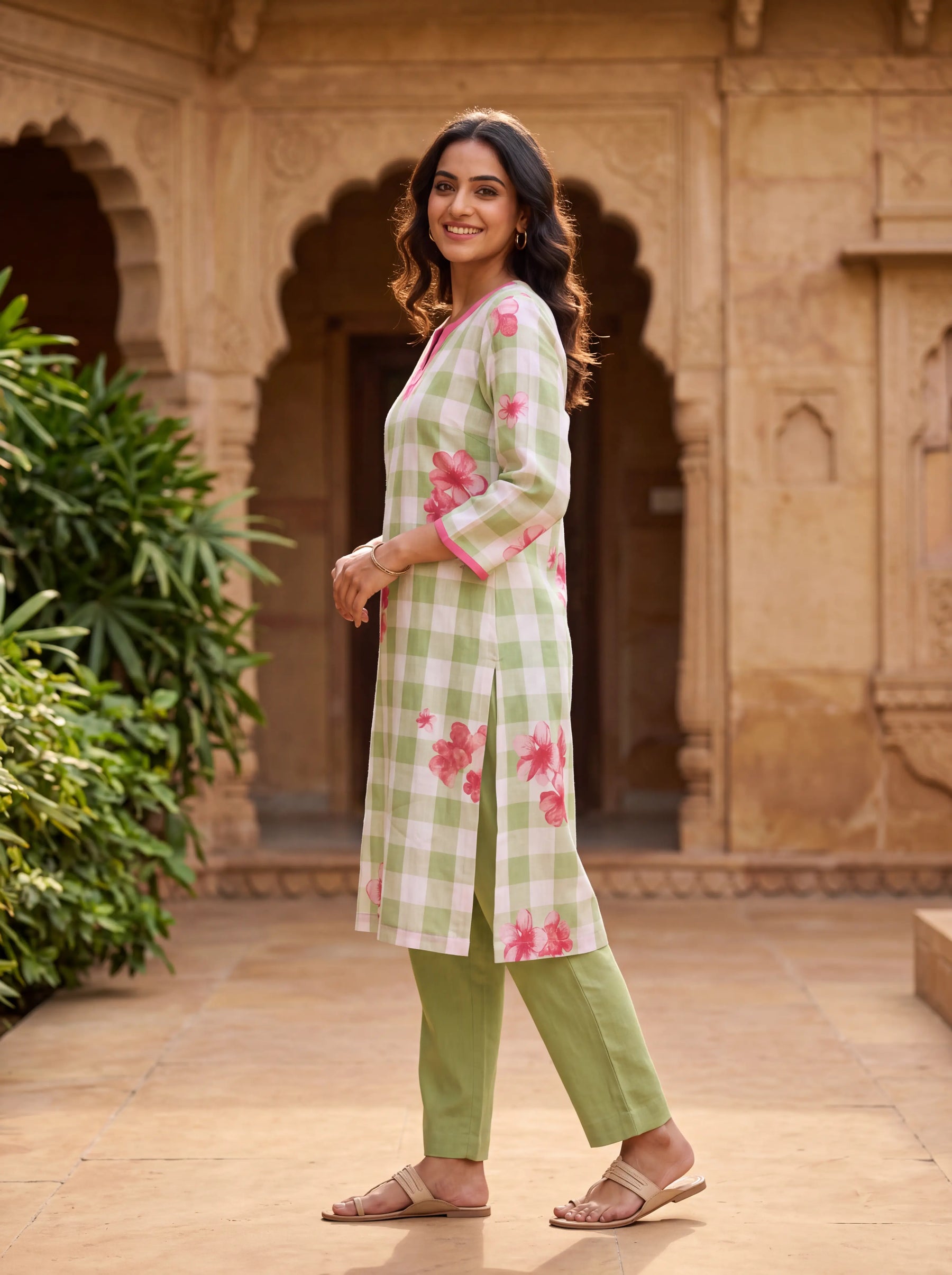 Green Linen Floral Coord