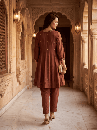 Brown Silk Embellished Coord Set