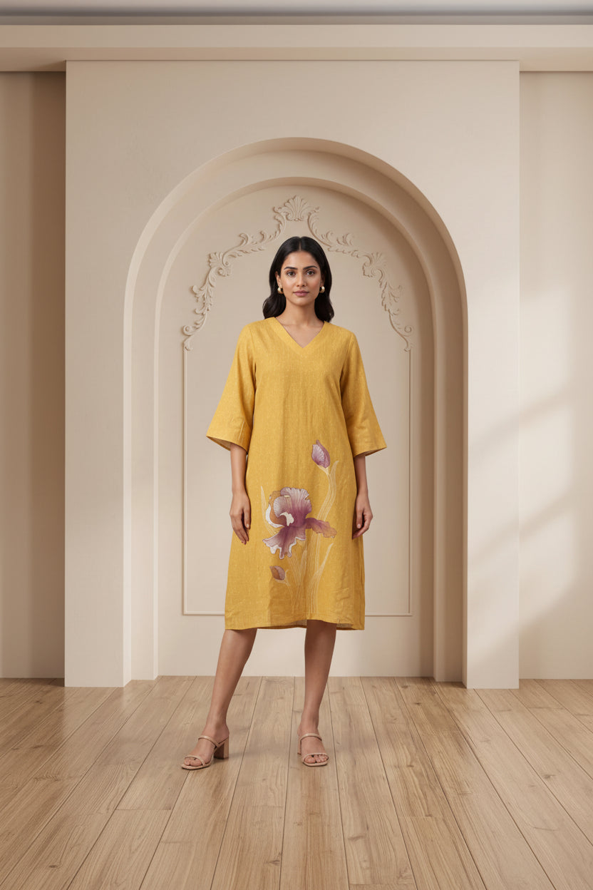 A woman modeling a mustard yellow linen tunic dress with a purple orchid print, standing in front of a beige arched wall on a wooden floor.