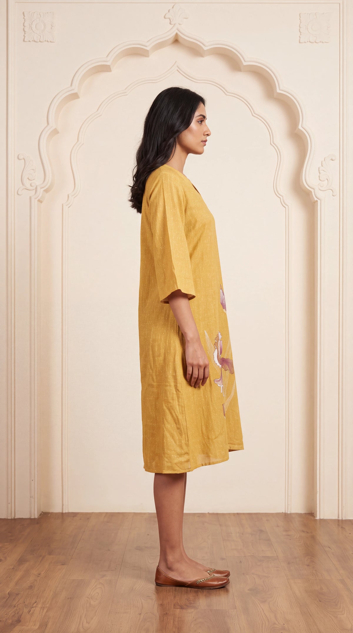 Mustard linen floral dress