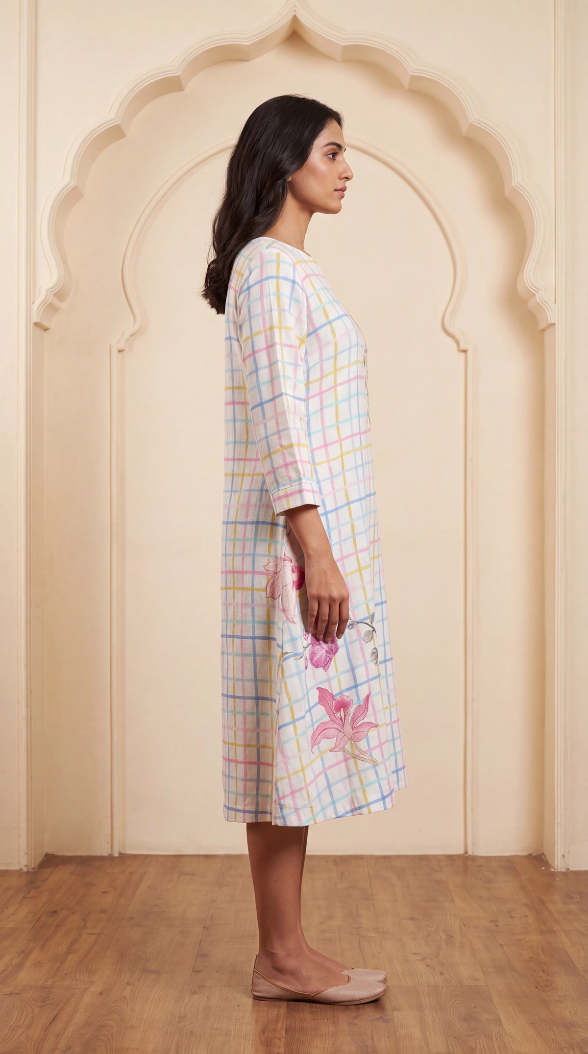 White checks linen dress