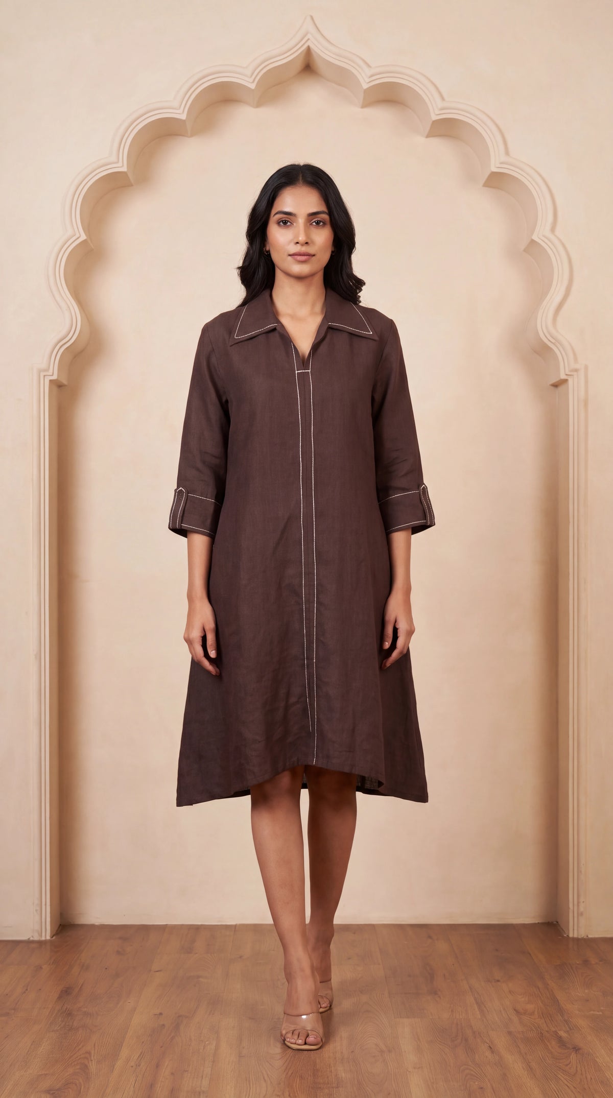Espresso Contrast Stitch Linen Dress