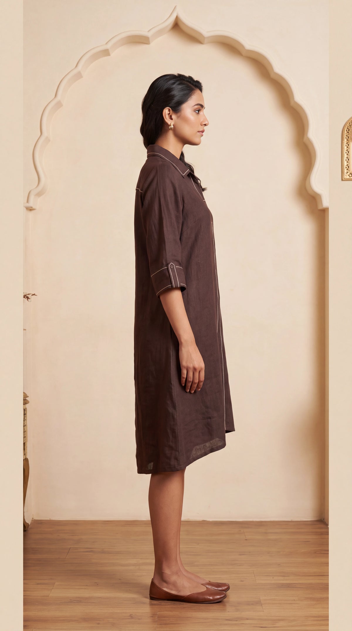 Espresso Contrast Stitch Linen Dress