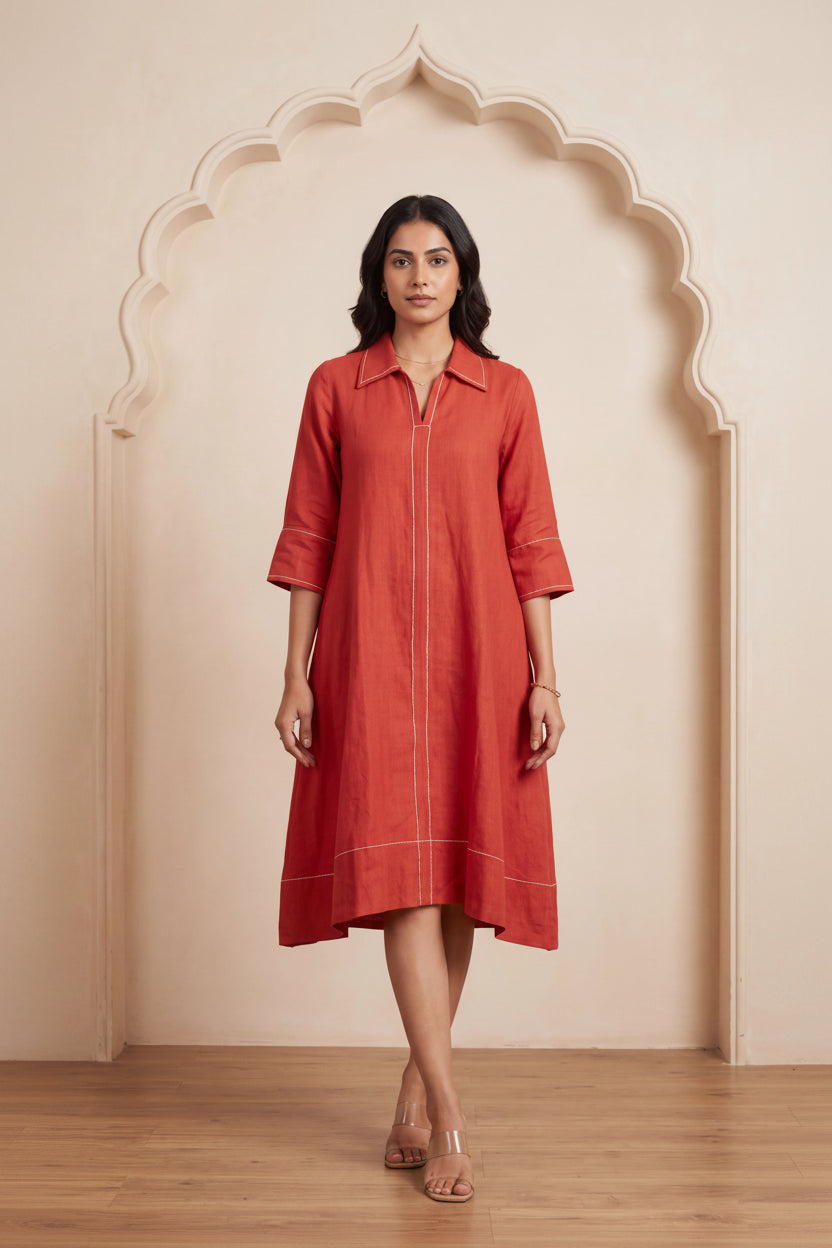Vermilion Contrast Stitch Linen Dress