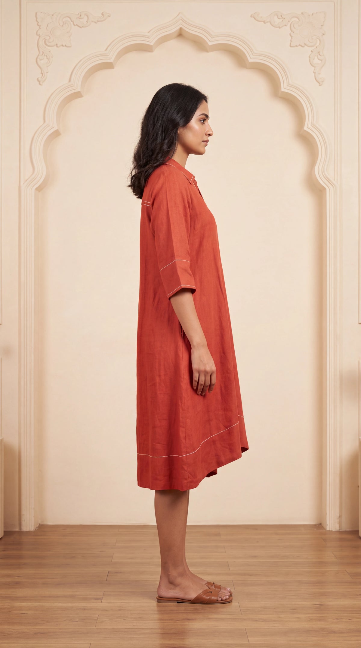 Vermilion Contrast Stitch Linen Dress