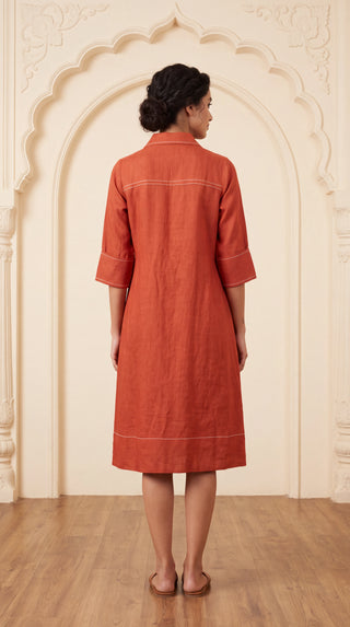 Vermilion Contrast Stitch Linen Dress