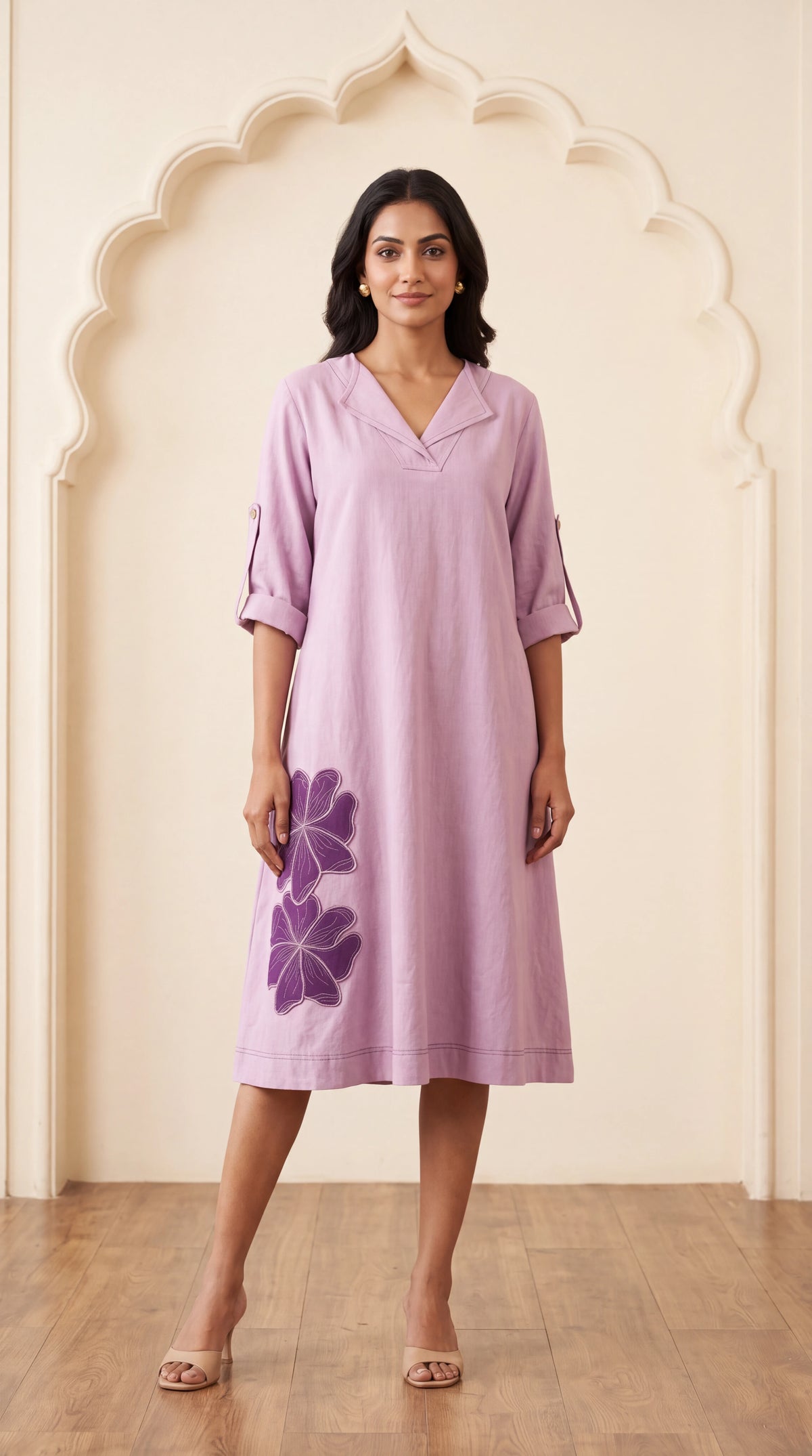 Blush Pink Cotton Dress With Floral Applique