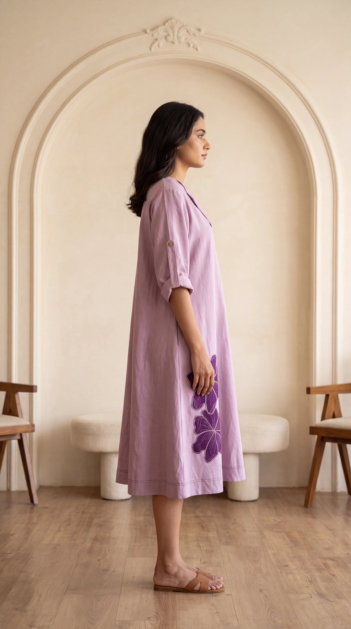 Blush Pink Cotton Dress With Floral Applique