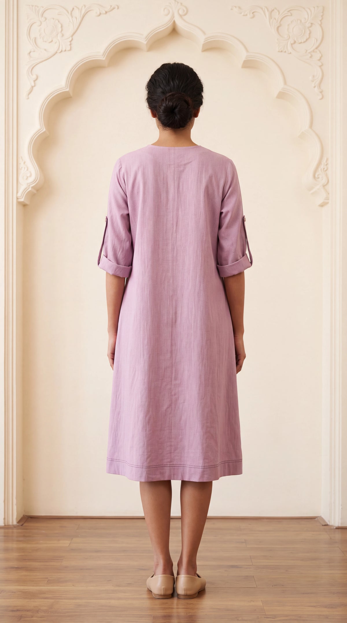 Blush Pink Cotton Dress With Floral Applique