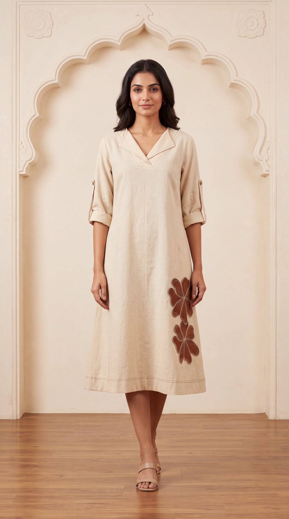 Ivory Cotton Dress With Floral Applique