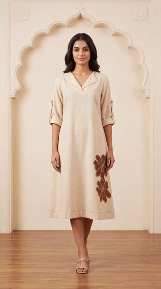 Ivory Cotton Dress With Floral Applique