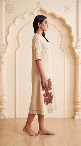 Ivory Cotton Dress With Floral Applique