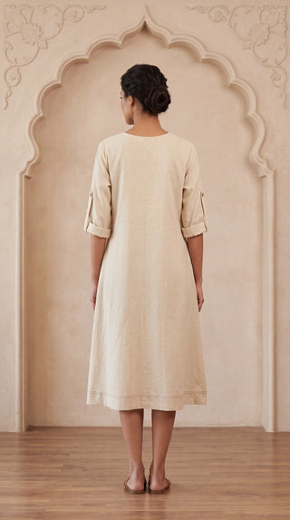 Ivory Cotton Dress With Floral Applique