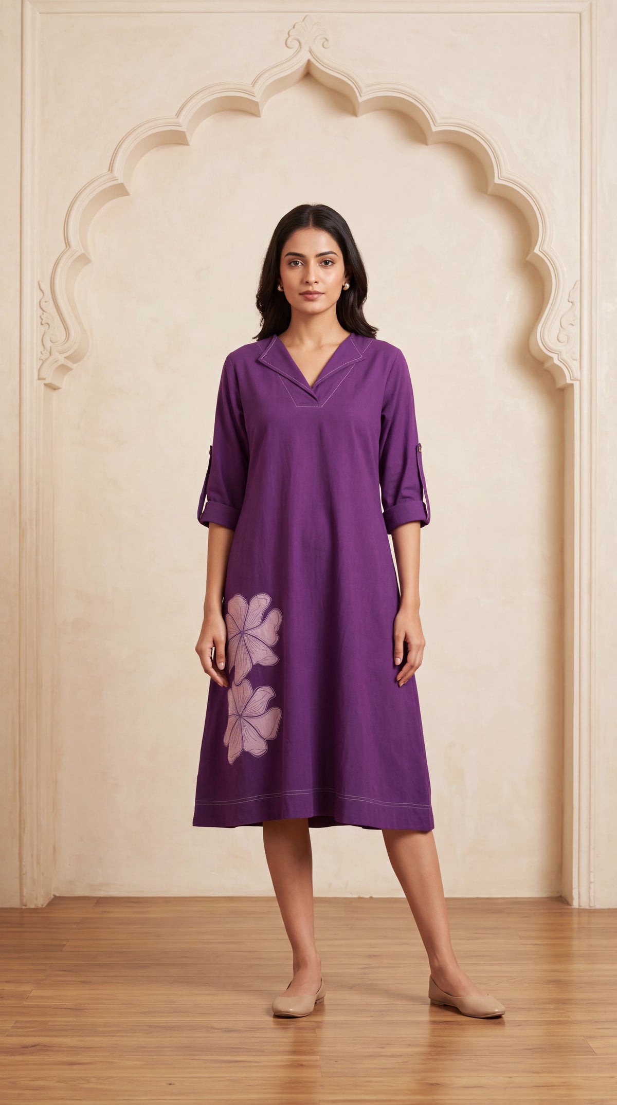 Plum Cotton Dress With Floral Applique