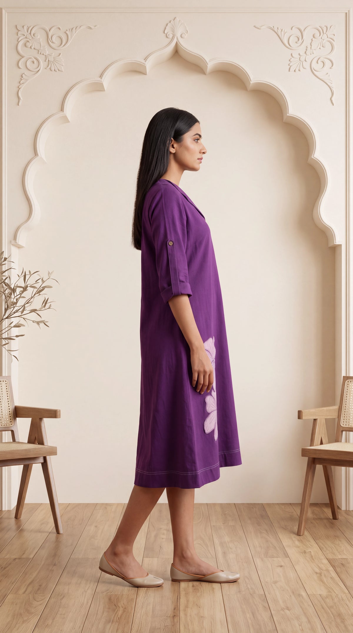 Plum Cotton Dress With Floral Applique