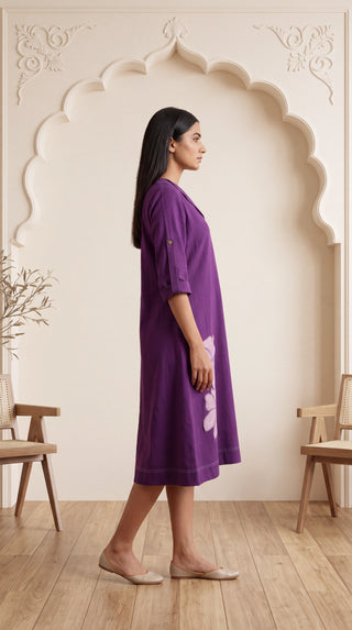Plum Cotton Dress With Floral Applique