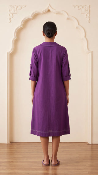 Plum Cotton Dress With Floral Applique