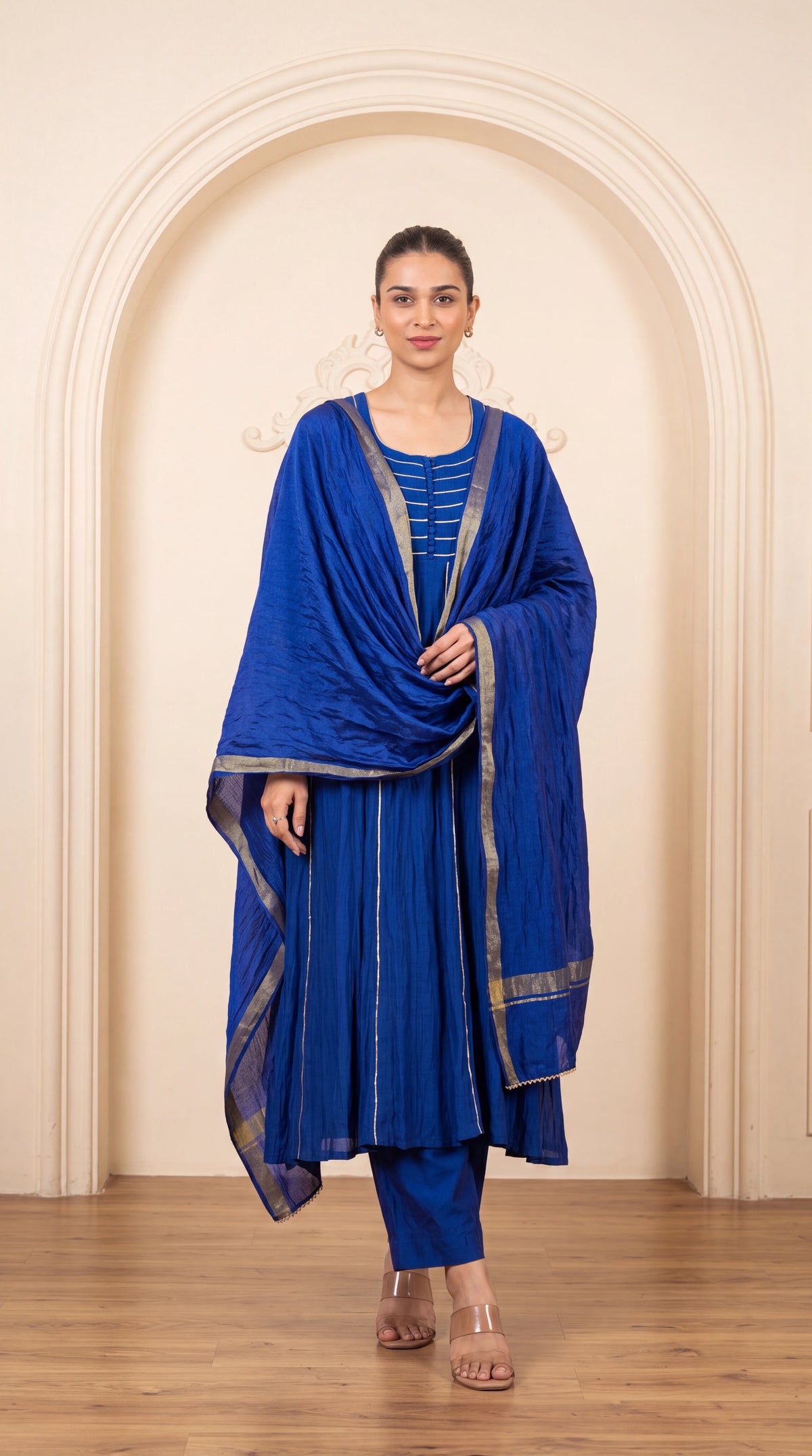 Royal blue striped chanderi embroidered kurta set with dupatta