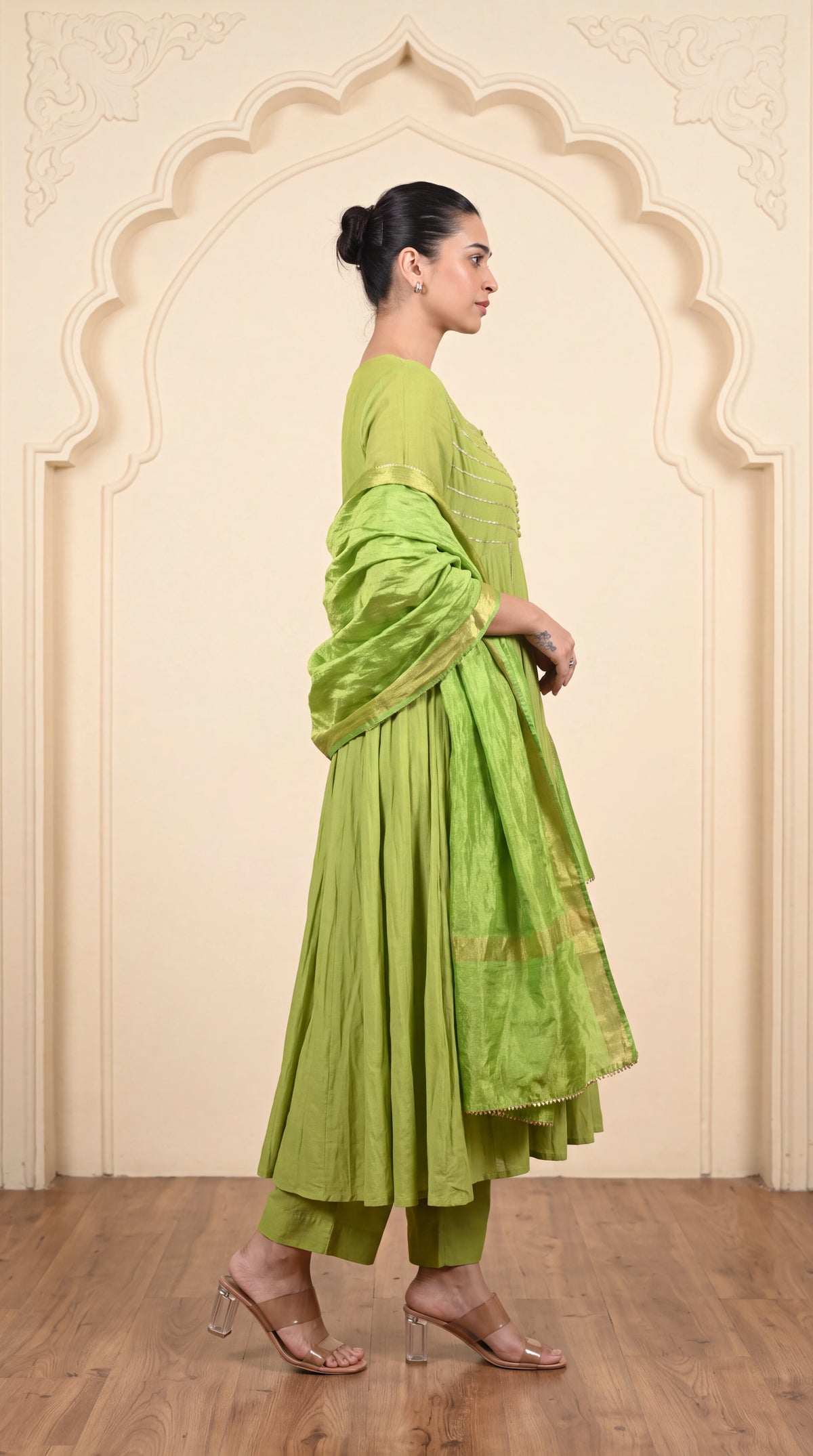 Lime green striped chanderi embroidered kurta set with dupatta