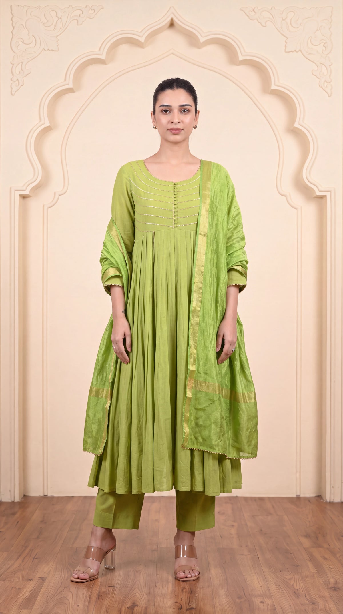 Lime green striped chanderi embroidered kurta set with dupatta