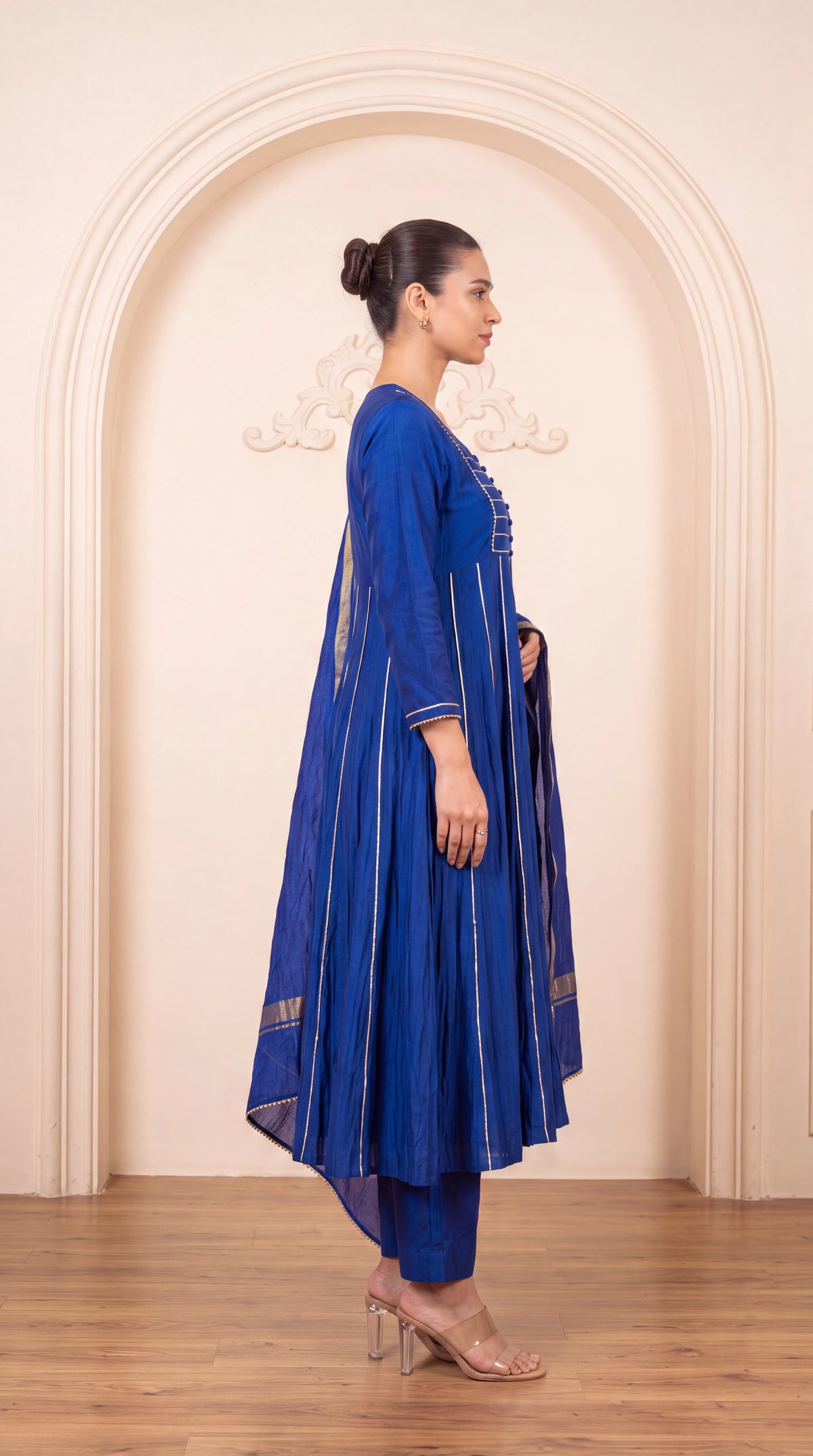 Royal blue striped chanderi embroidered kurta set with dupatta