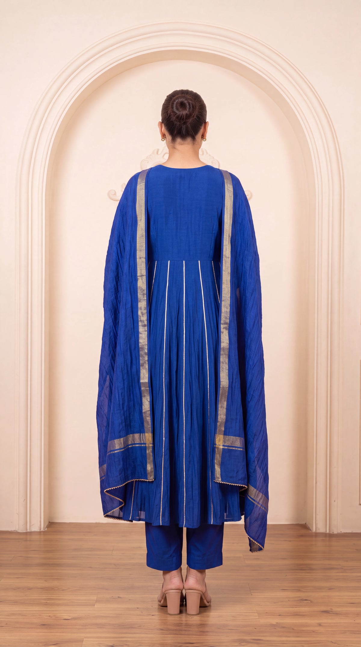Royal blue striped chanderi embroidered kurta set with dupatta