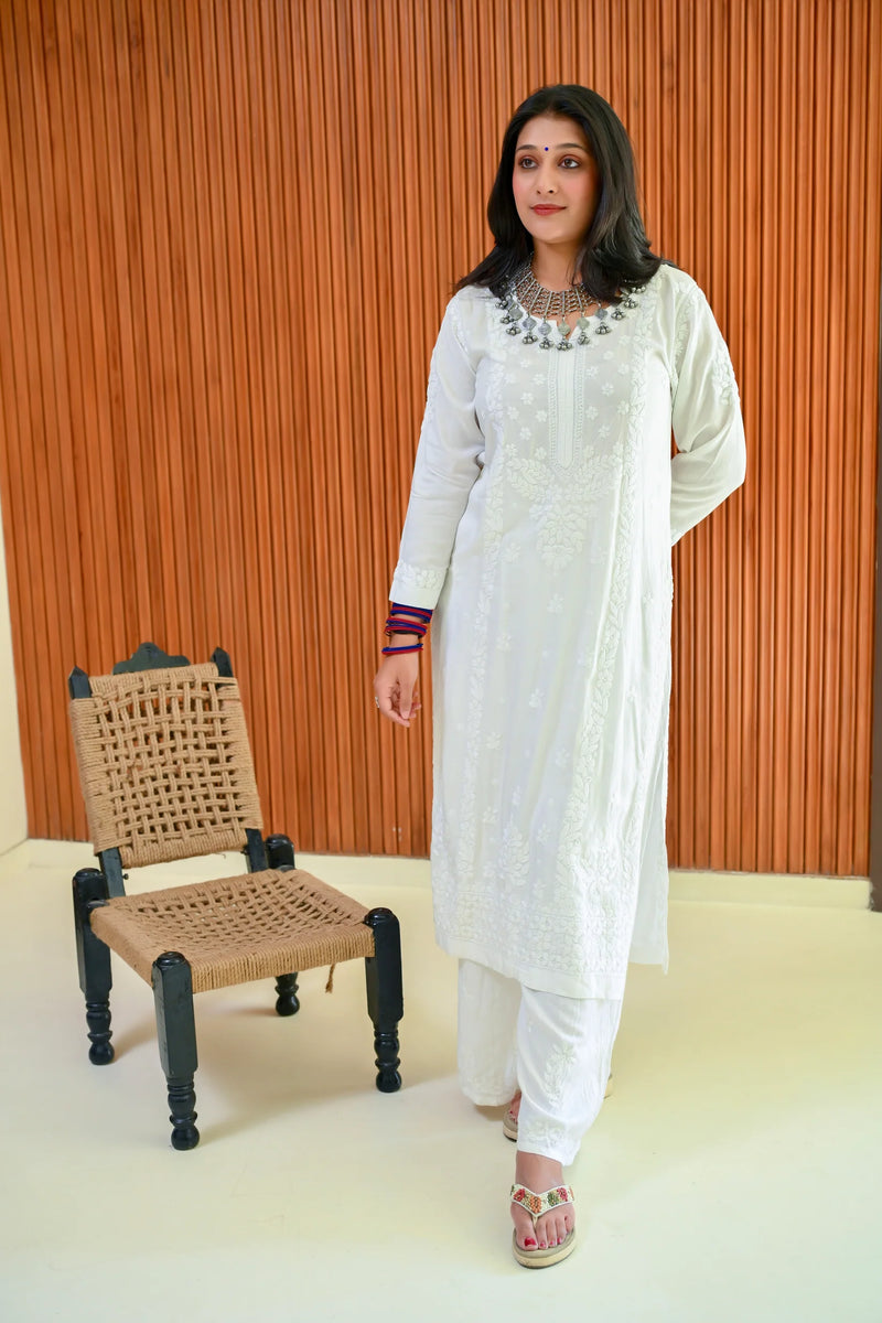 White Chikankari Long Modal Kurta
