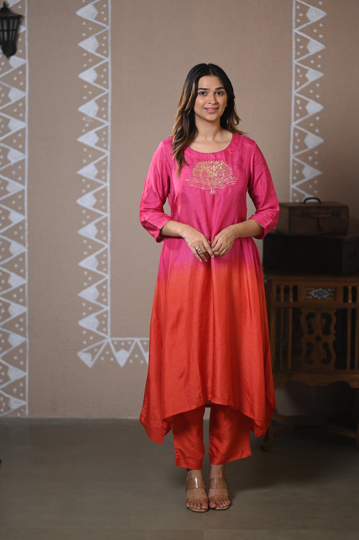 Fuchsia Ombre Embroidered Dola Silk Kurta Set