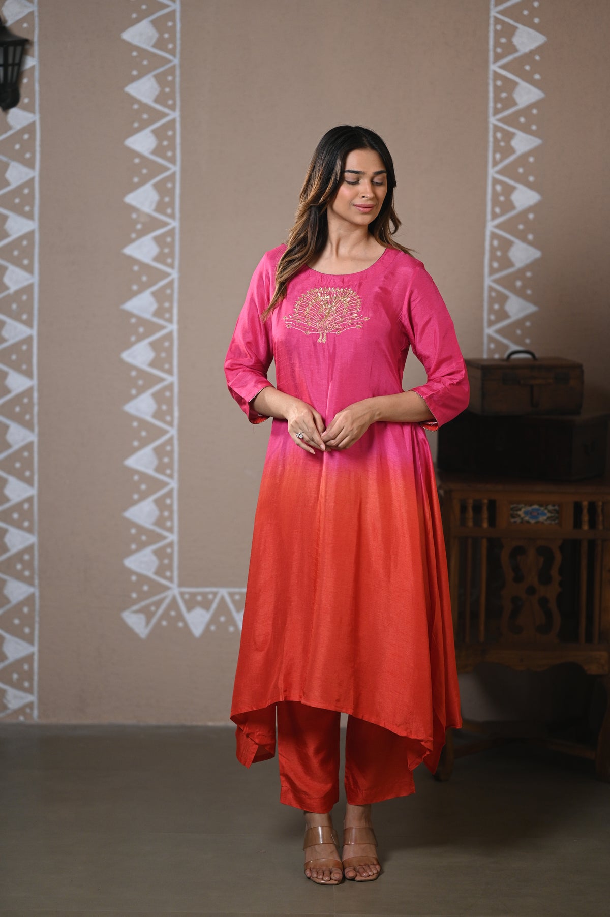 Fuchsia Ombre Embroidered Dola Silk Kurta Set