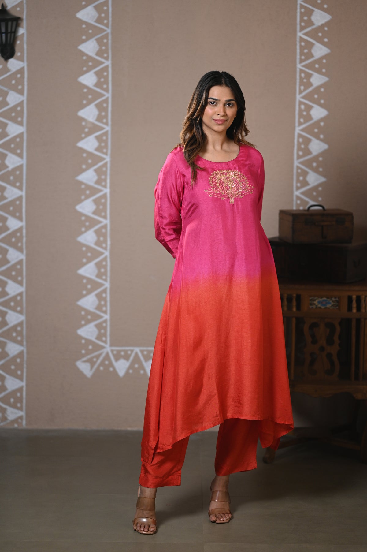 Fuchsia Ombre Embroidered Dola Silk Kurta Set