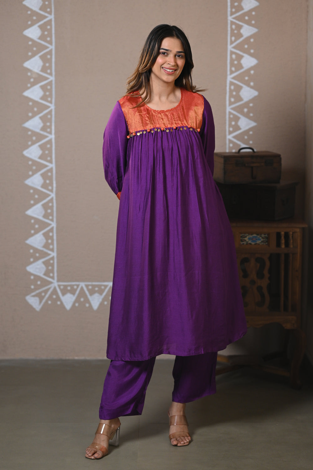 Purple Gathered Muslin Kurta Set