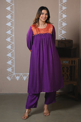 Purple Gathered Muslin Kurta Set