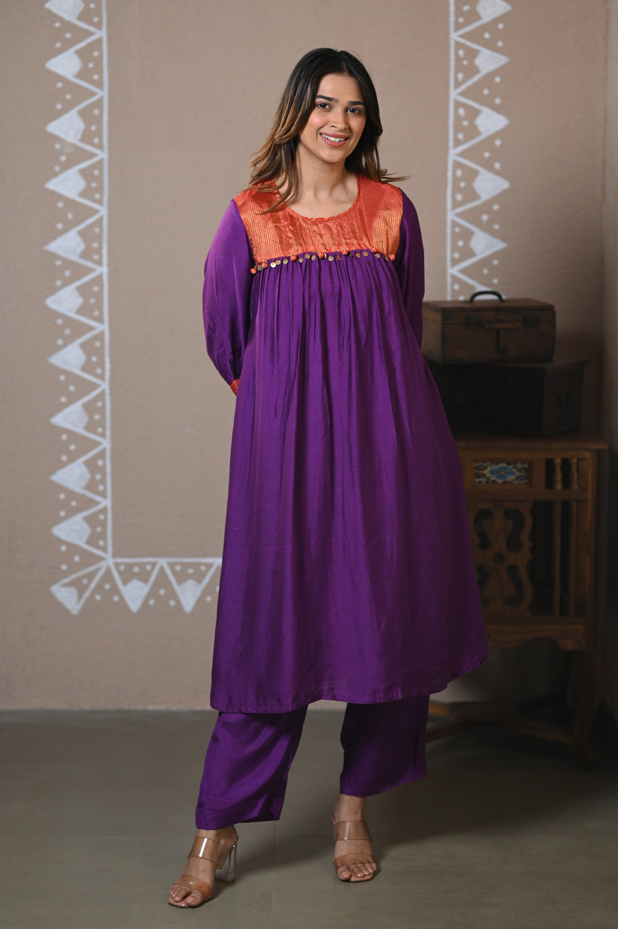 Purple Gathered Muslin Kurta Set