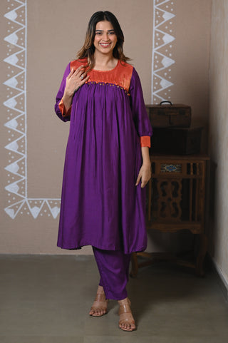 Purple Gathered Muslin Kurta Set
