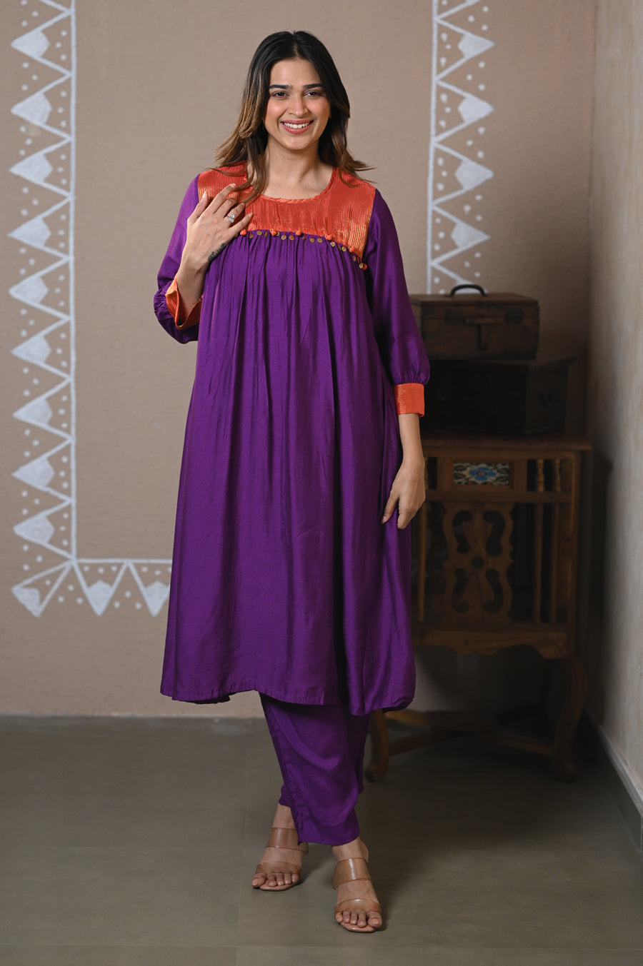 Purple Gathered Muslin Kurta Set