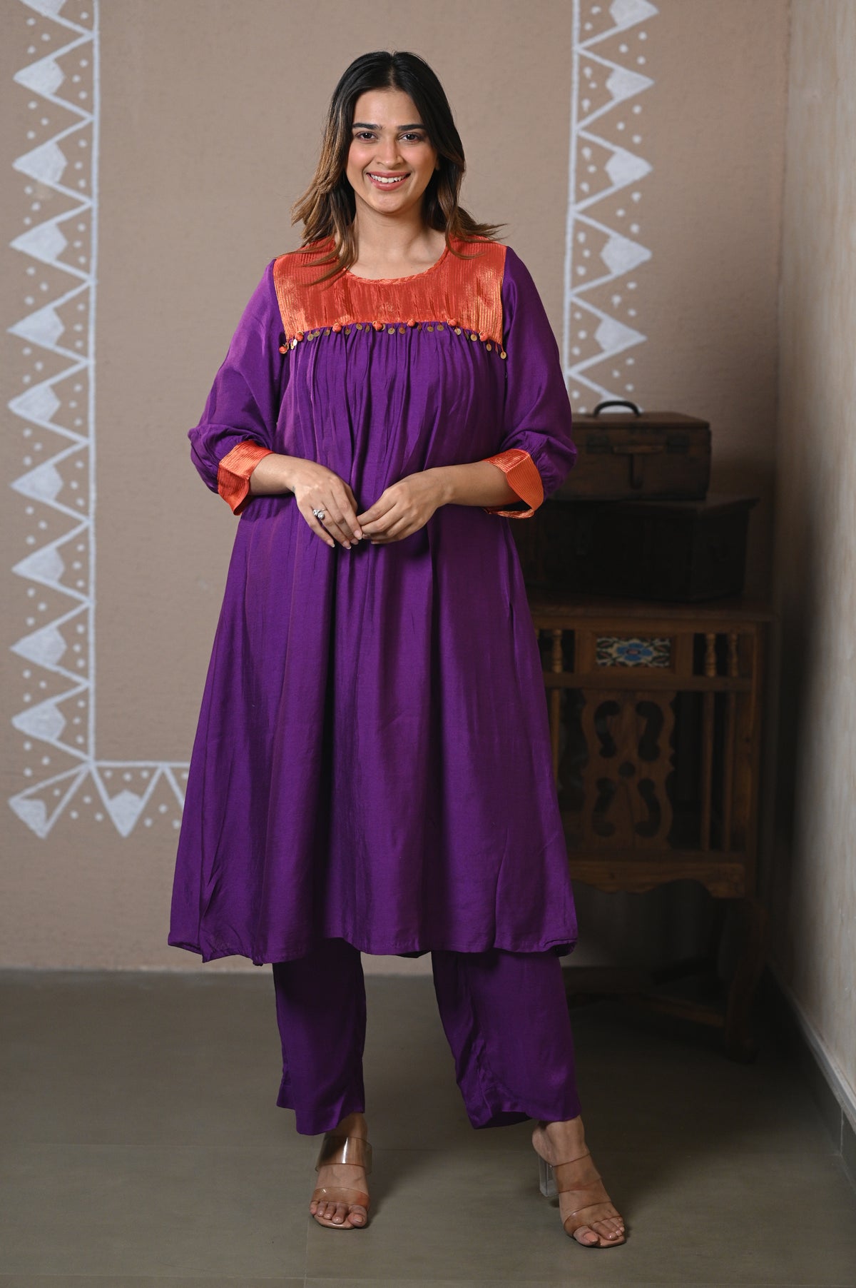 Purple Gathered Muslin Kurta Set