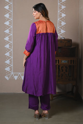 Purple Gathered Muslin Kurta Set