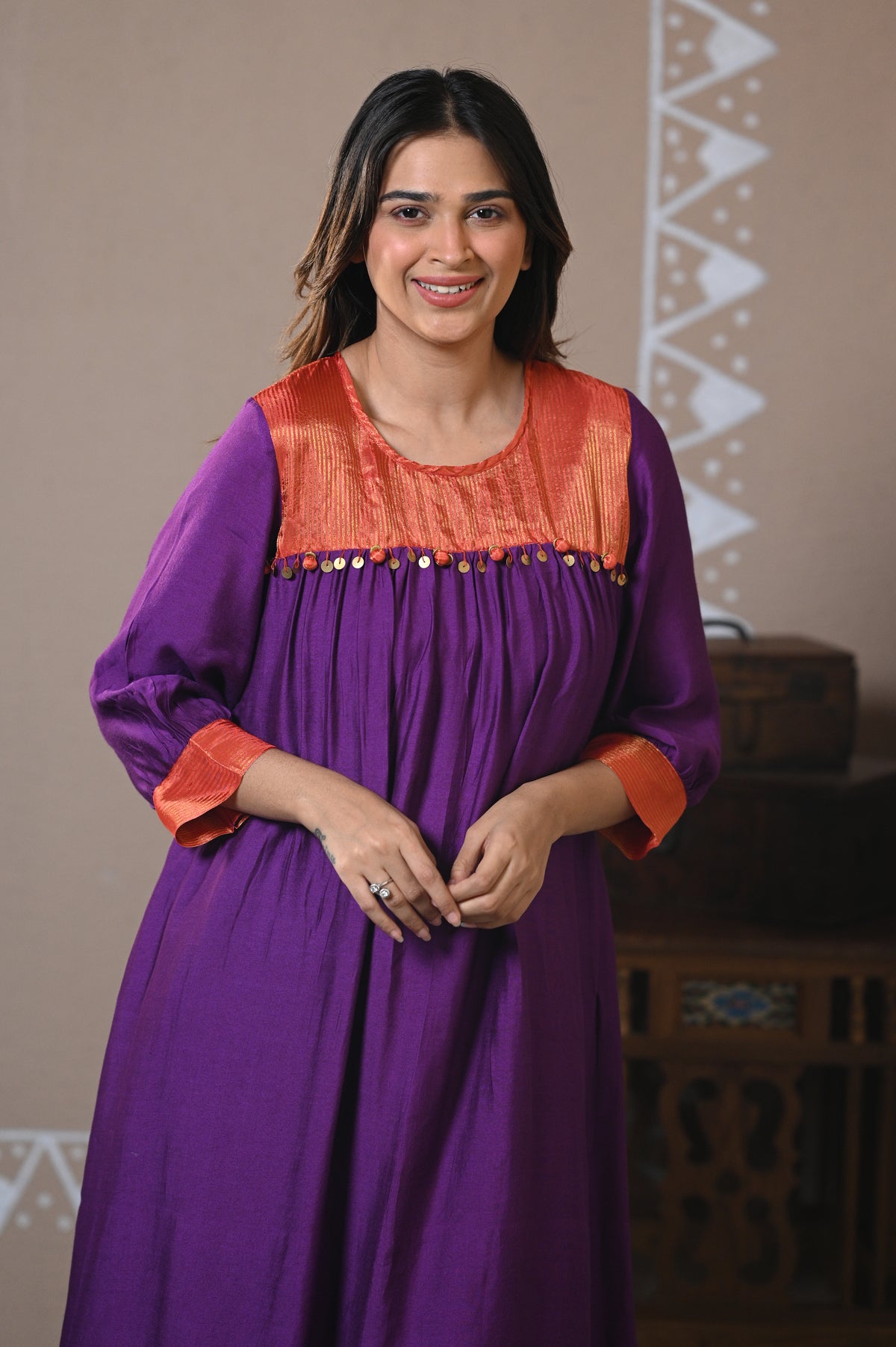 Purple Gathered Muslin Kurta Set