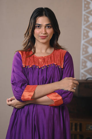 Purple Gathered Muslin Kurta Set
