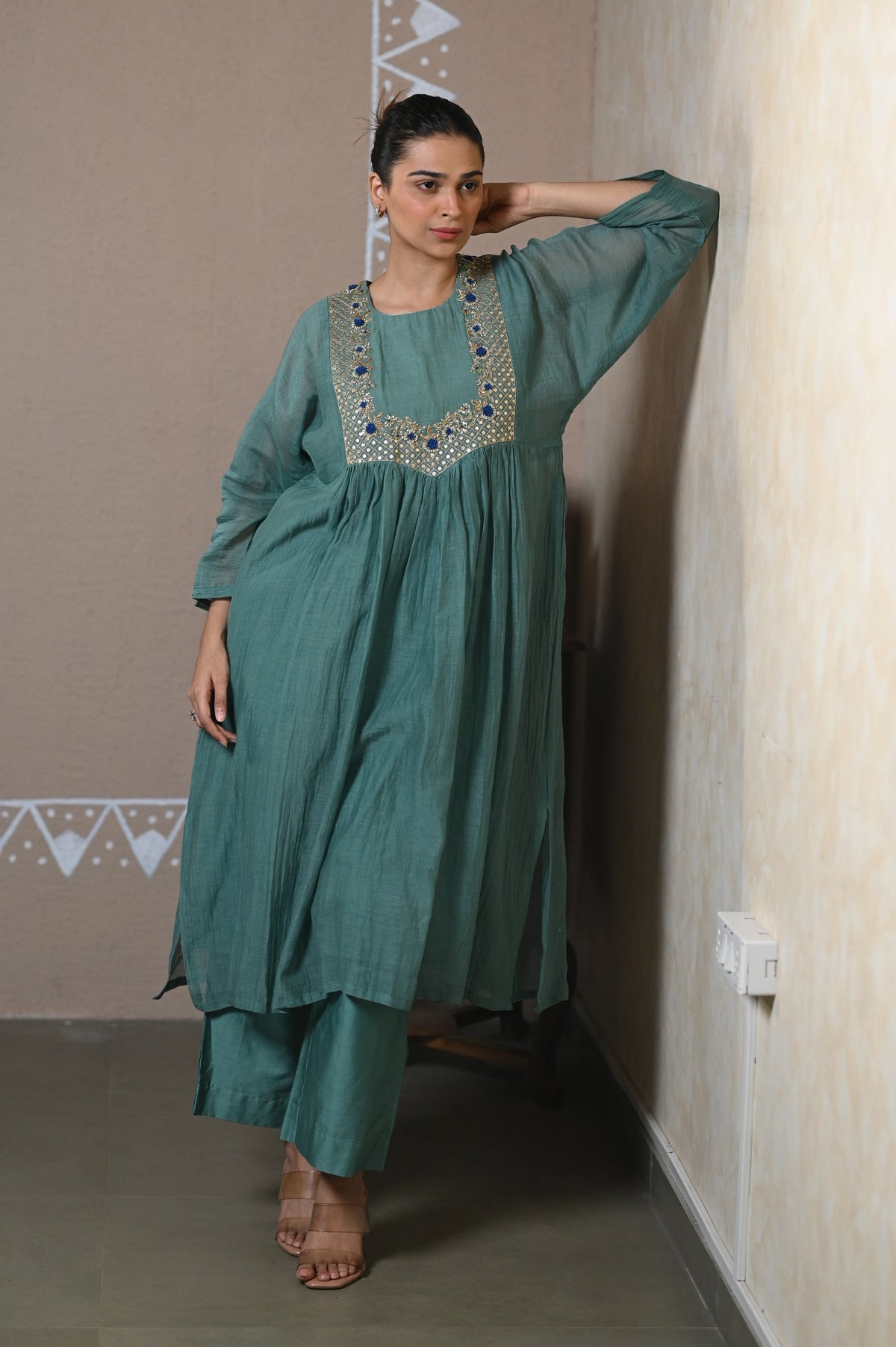 Teal Green Gathered Chanderi Set
