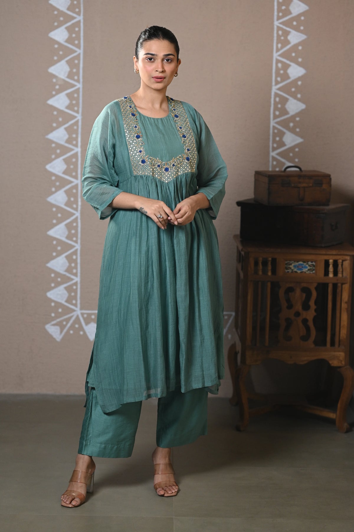 Teal Green Gathered Chanderi Set