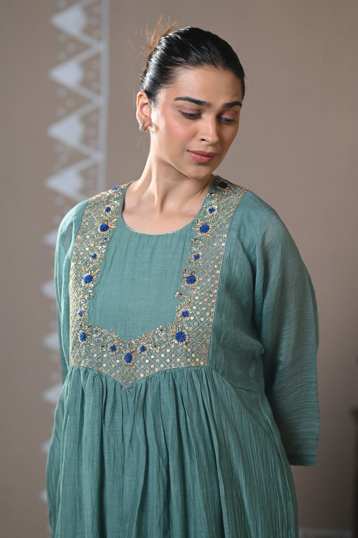 Teal Green Gathered Chanderi Set
