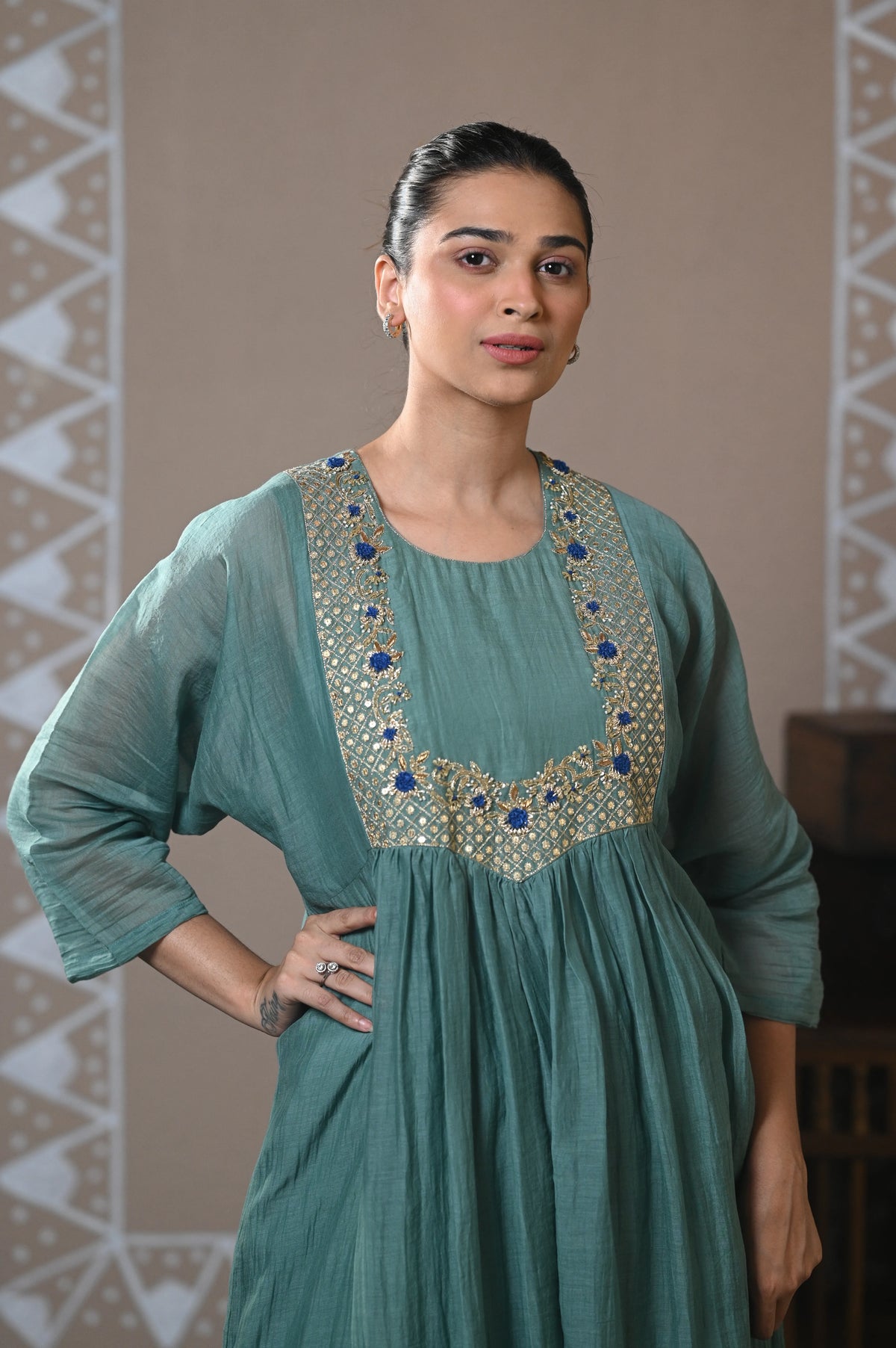 Teal Green Gathered Chanderi Set